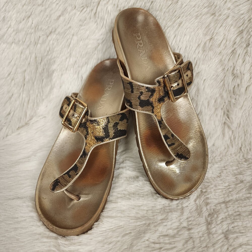 Prada Gold Brocade Buckle Thong Sandals Size 9 HTF